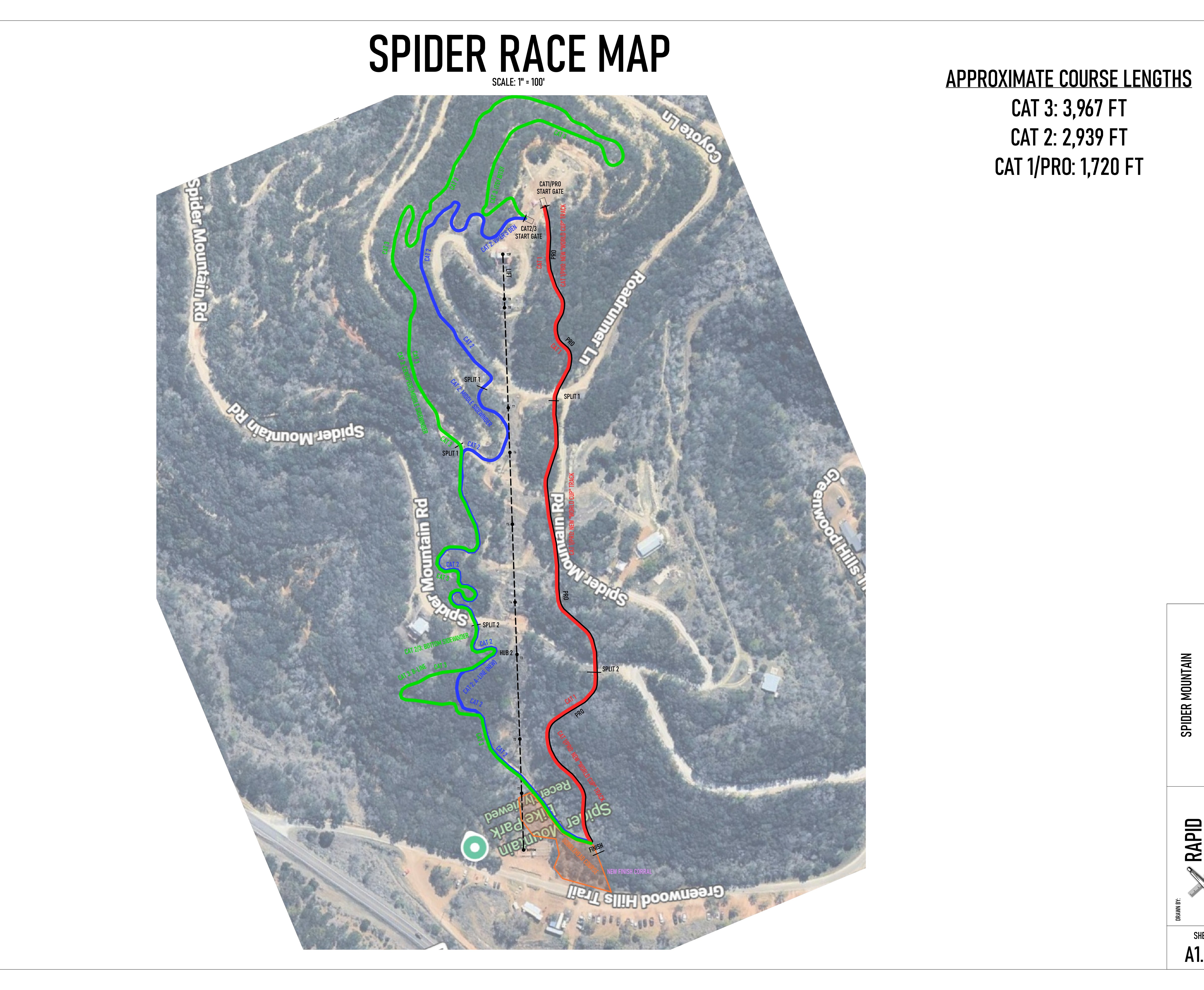 Spider Mountain HCDH course map -- Cat 1/Pro, Cat 2, and Cat 3 courses with start gates, splits, and finish
